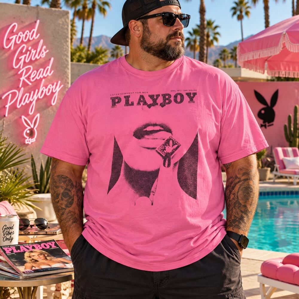 Playboy April 1973 Cover T Shirt Pink Mens XL 3XL Graphic Tee Distressed